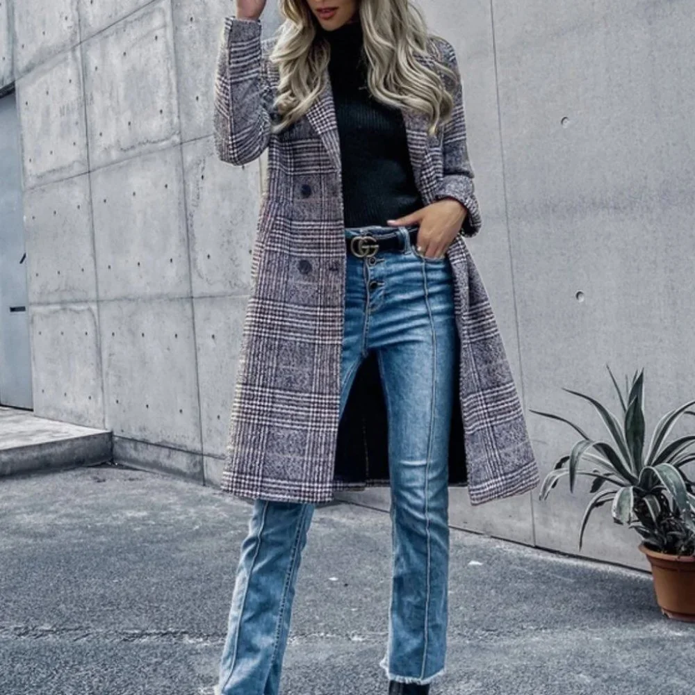 plaid Print Double Breasted Pea Overcoat jacket fall/winter - Picture 6 of 15